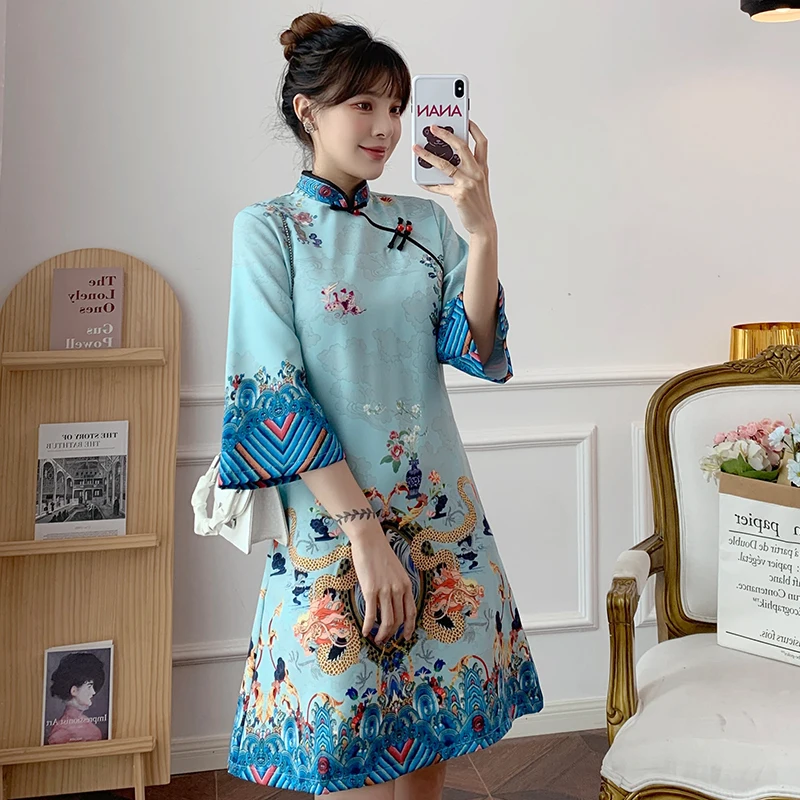 20 kolorów luźne Cheongsam 2023 moda nowoczesny chiński Cheongsam sukienka trapezowa kobiet 3/4 rękaw Qipao tradycyjne chińskie ubrania