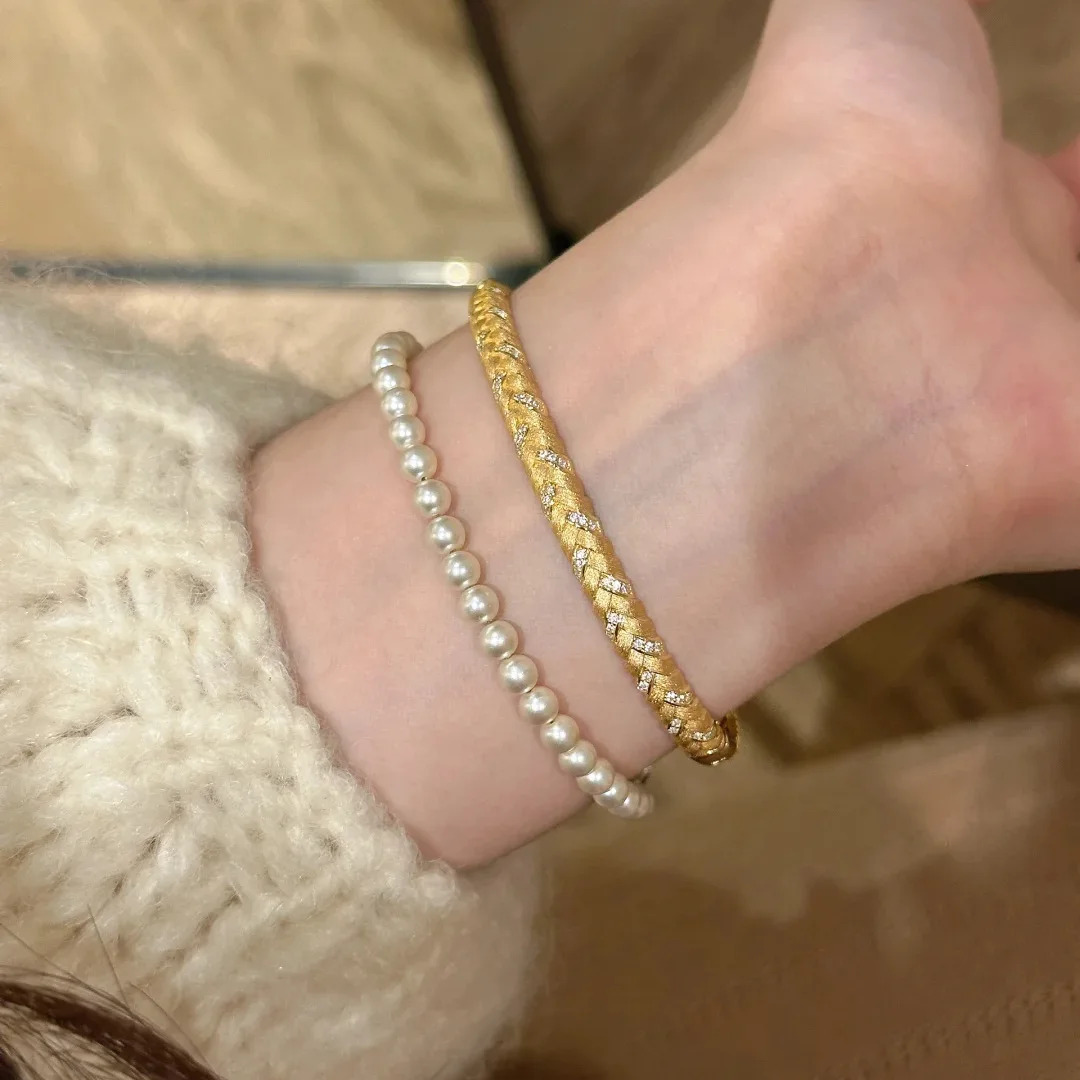 Classic shiny layered style wheat brushed bangles for women sparkling full diamond Braided exquisite bracelet banquet jewelry
