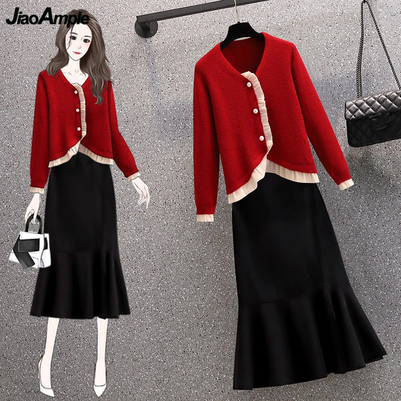 

Women's Autumn Winter Graceful Red Sweater Korean Lady Elegant Ruffle Knit Jacket Trumpet Skirt Two Piece Set 2024 New Outfits