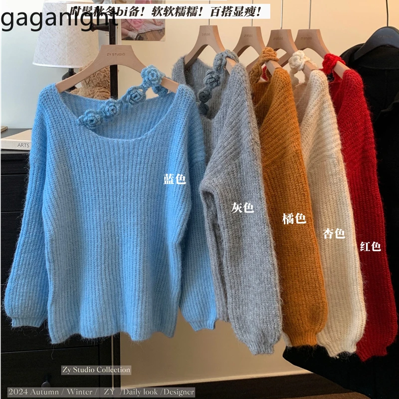 

Gaganight Women O neck Flower Hollow Out Long Sleeved Knitted Sweater 2024 Autumn Winter Korean Chic Soft Loose Slimming Top