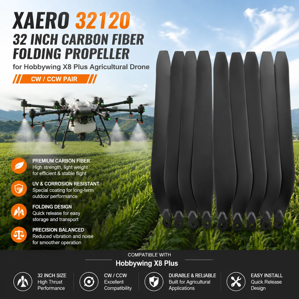 XAERO 32120 32 inch Carbon Fiber Folding Propeller CW CCW for Hobbywing X8 Plus Agricultural Drone