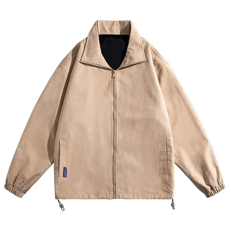 Spring Vintage Bomber Jacket for Men Solid-color Suede Zipper Casual Long-sleeved Outerwear American Bottom Drawstring Cardigan