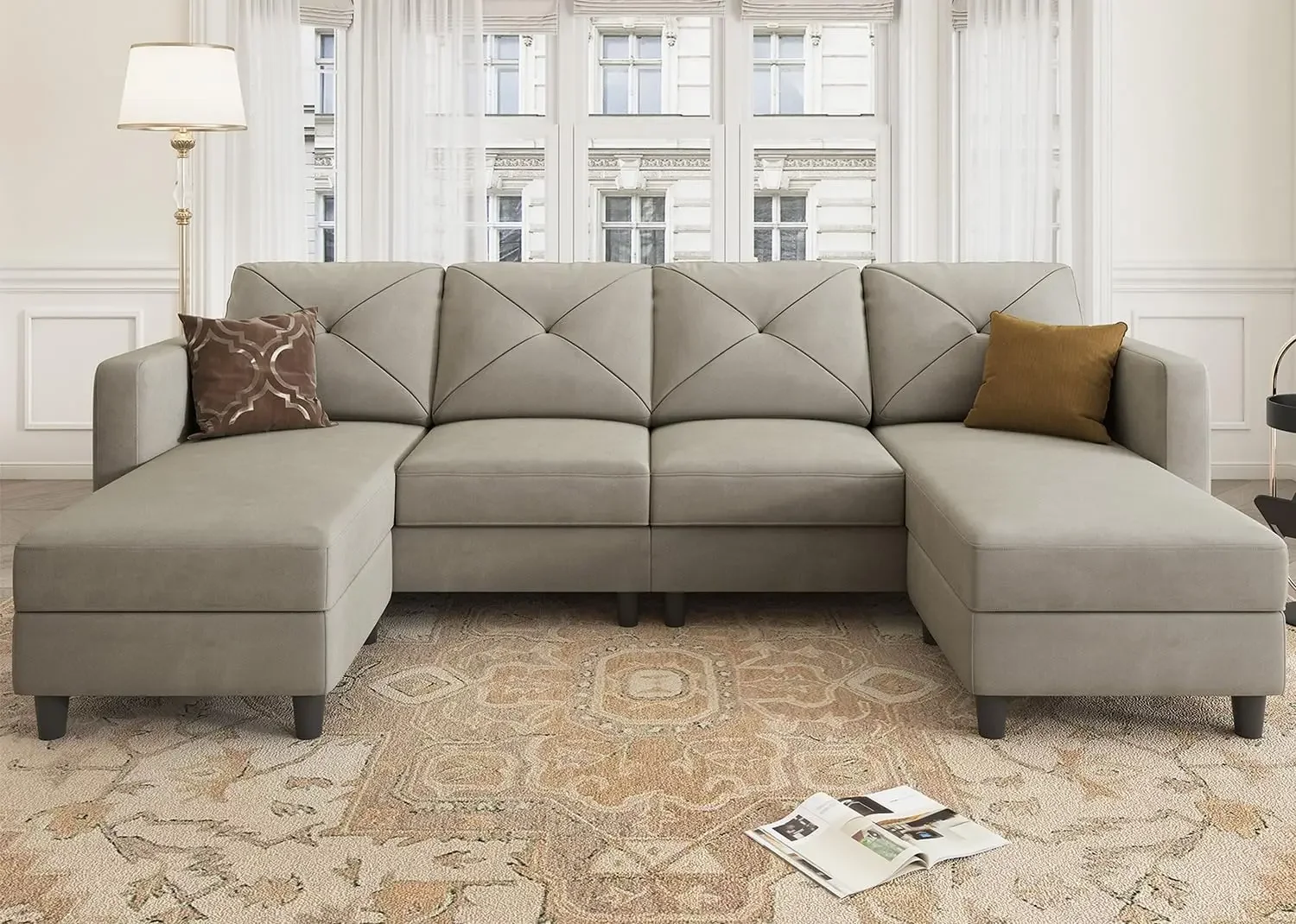 

Furniture Combination Sofa with Double Recliners Convertible Sofa 4-seat Sofa, Living Room Floor Mats, Velvet Light Gray