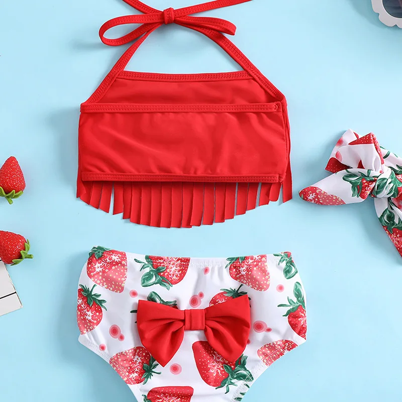 Icey Strawberry Print Girl Baby Girl Red Tassel Suspender 3-piece Set Split Swimsuit Hot Spring Beach Swimsuit