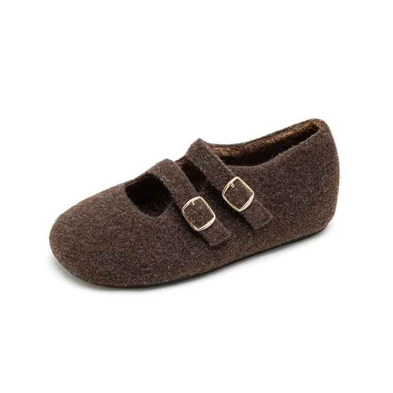 Mom Women's Round Toe Double Buckle Knit Mary Janes Fur Lined Low Heel Shoes Leather Decorated Slip-On Loafers