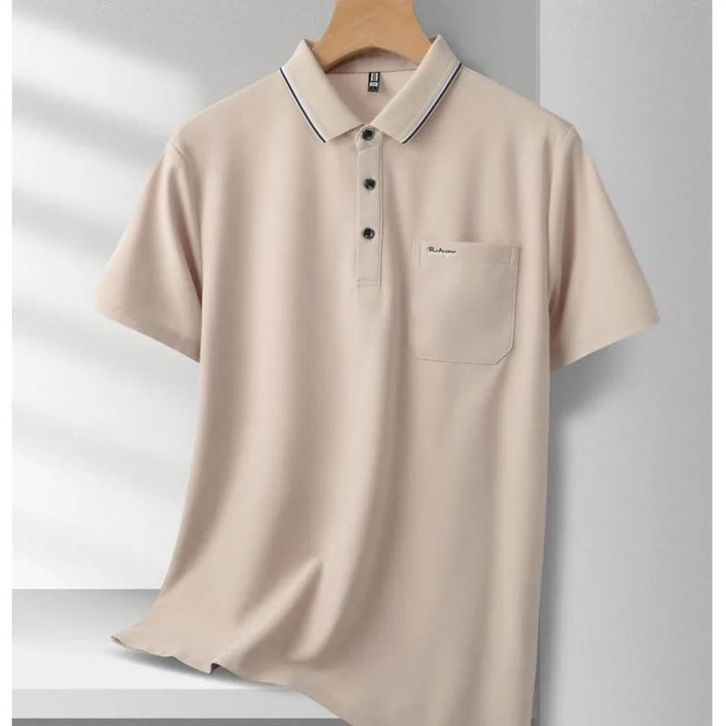 Men Business Casual Beige Solid Polo Shirt Short Sleeve Contrast Collar Lapel Chest Pocket Daily Wear Tops