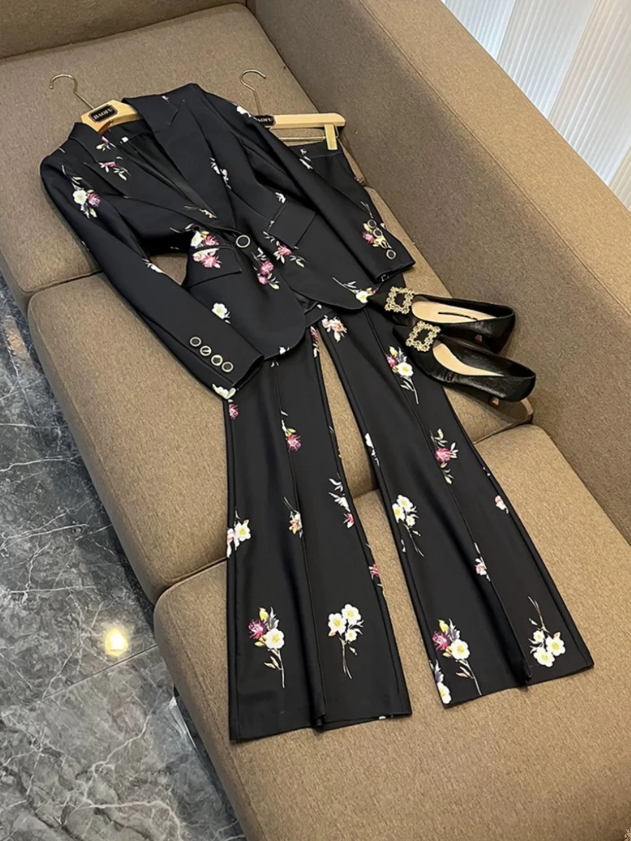 

2025 New Ele Celebri Faion Printed Suit Flared Pants Set Two Piece Set A924 for Women in Their 20s And 30s