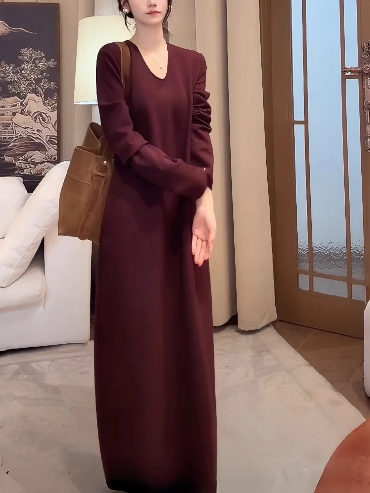 

plus Size Autumn Winter Lazy Sle V-Ne Long Sve Dr Women's Loose Belly Covering Ele Versatile Long Dr