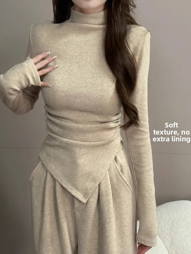 

Осенне-зимний женский повседневный комплект: брюки макси с высокой талией и флисовой подкладкой, полувысокий воротник, асимметричный дизайн