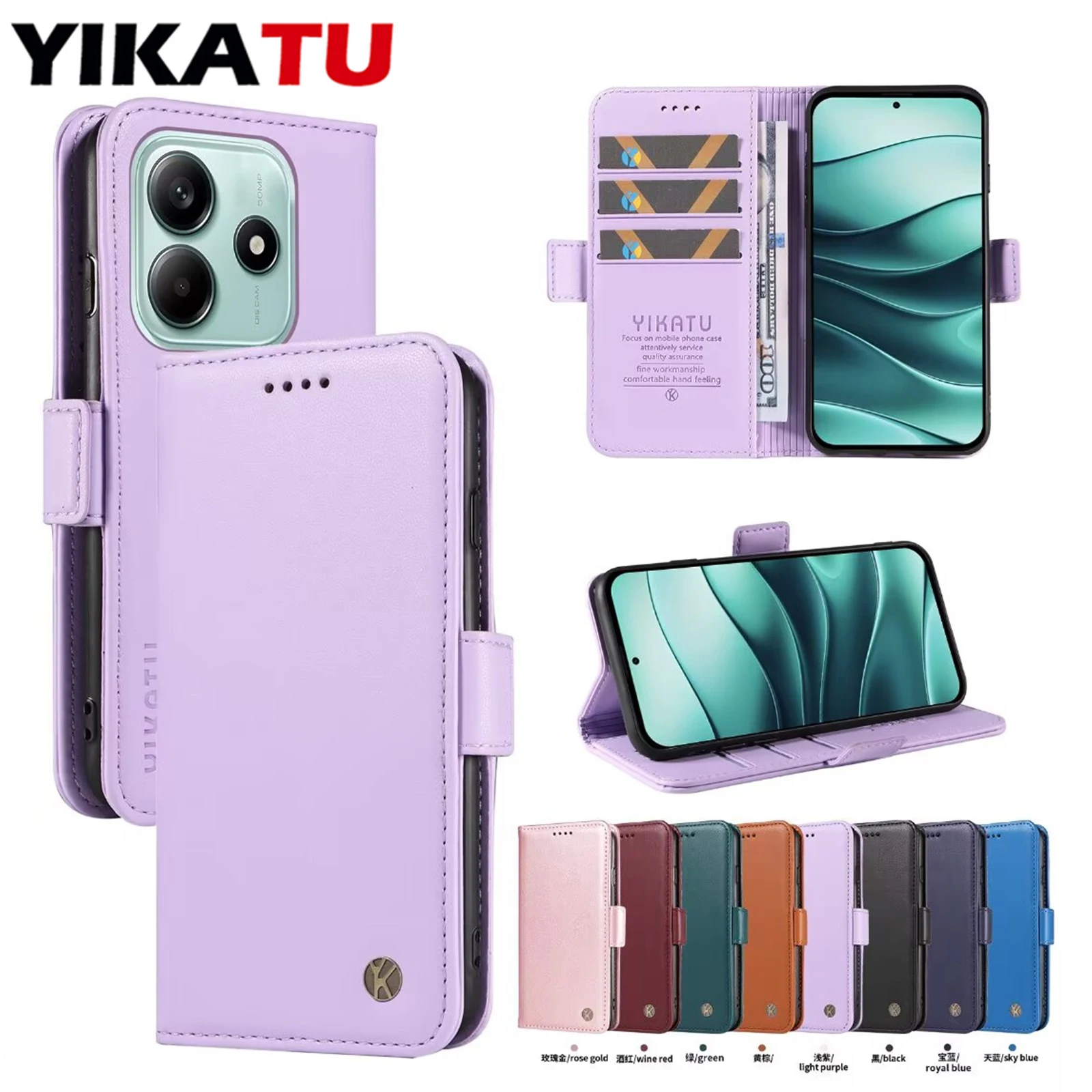 Capa de Couro com Slot para Cartão Magnético para Xiaomi Redmi Note 14R 5G 14 4G 13 Pro Plus 12T 11 K70 Ultra K60 K50i A4 A3 14C 13C