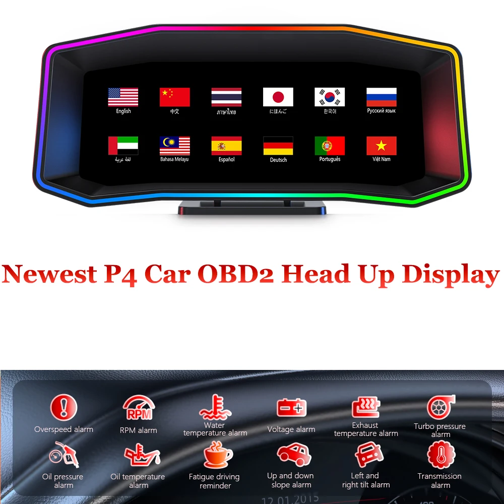 New OBDHUD P4 Car OBD2 Head Up Display On Board Computer Digital Speedometer With Fuel Consumption Auto Electronic Accessories