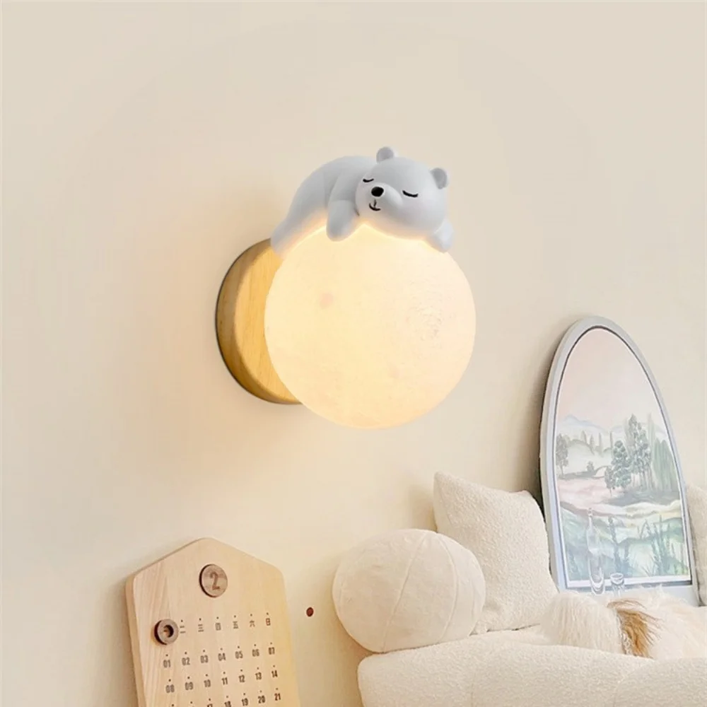 Cartoon Bear Wall Lamp Creative Moon Resin Wall Lamp Boys and Girls Children's Room Bedroom Bedside LIving Background Wall Light