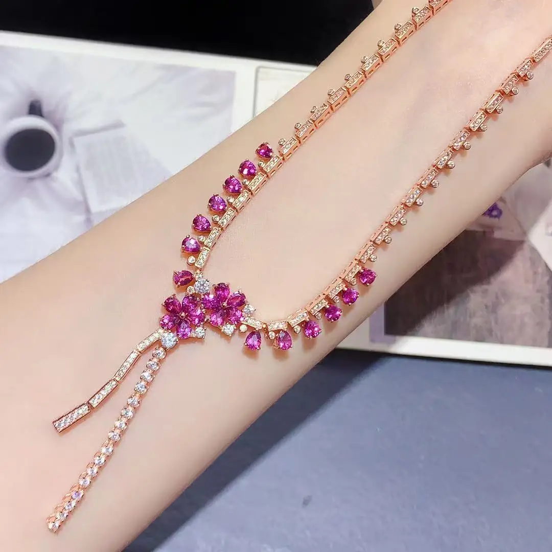 Rhodolite Garnet Necklace Double Flower Fringe, 925 Sterling Silver Gala Dress Jewelry