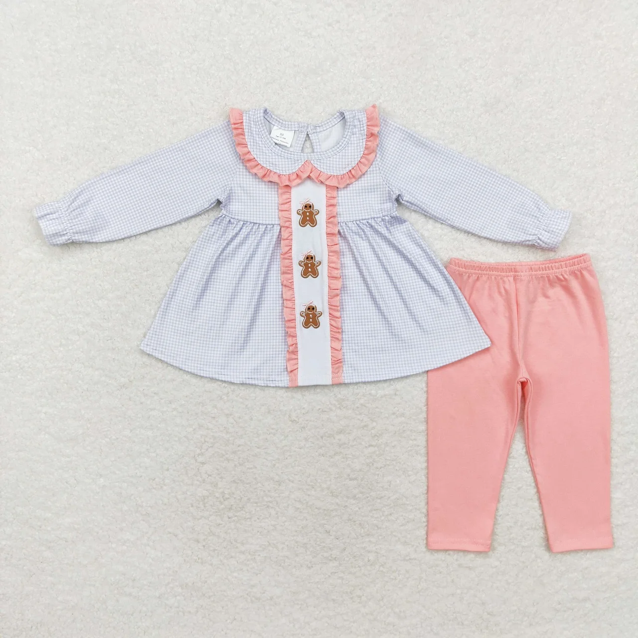 

Wholesale Kids Christmas Embroidery Set Toddler Long Sleeves Gingerbread Plaid Tunic Children Outfit Baby Girl Pink Cotton Pants