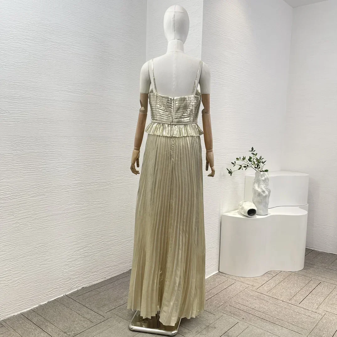 New Collection Champagne Gold Sleeveless Flouncing Ruffle Ruched Women Tube Maxi Dress for Party