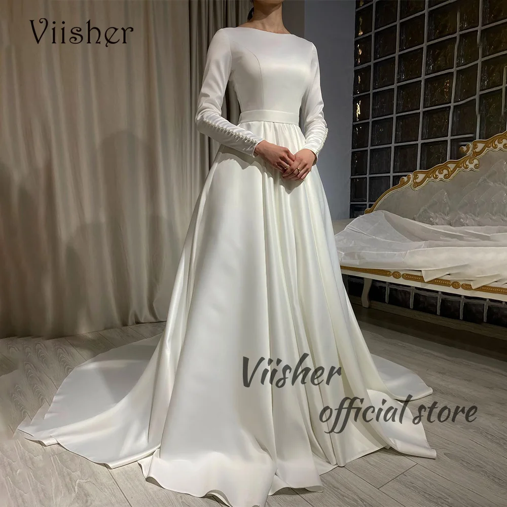 

Viisher Simple Civil Wedding Dresses Long Sleeve O Neck Draped Satin Bridal Gowns A Line Princess Wedding Bride Dress