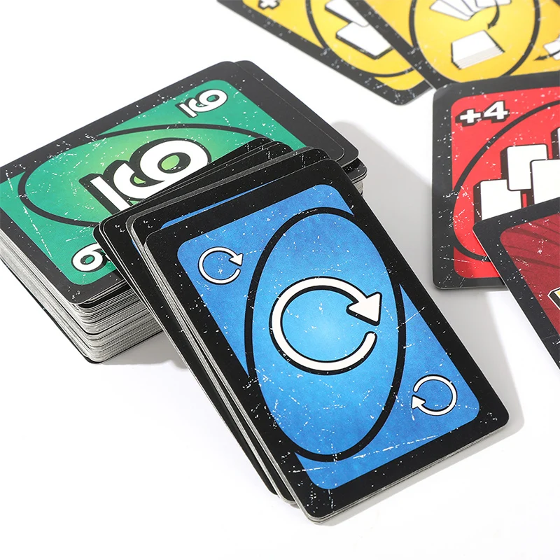 UNO-Jeu de cartes No Mercy avec boîte en fer, jeu de société pour enfants, soirée en famille avec cartes supplémentaires, règles spéciales, plus robuste, stylo spécialisé