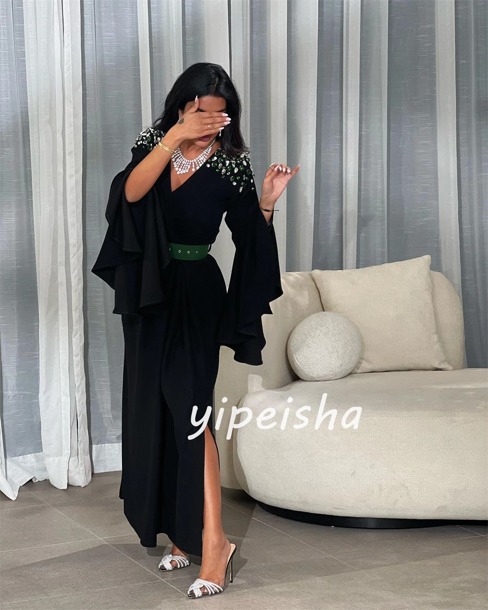 Customized Evening  Sexy Casual  Jersey Beading Draped Ruffles Valentine's Day A-line V-Neck Bespoke Occasion Gown Midi Dresses