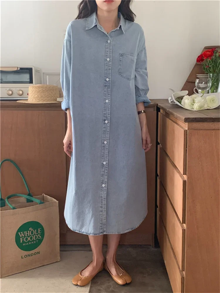 Spring Summer Women Casual Denim Shirt Dress Loose Long Sleeve Cardigan Dress Korea Ladies Womens Denim Shirt Long Dresses