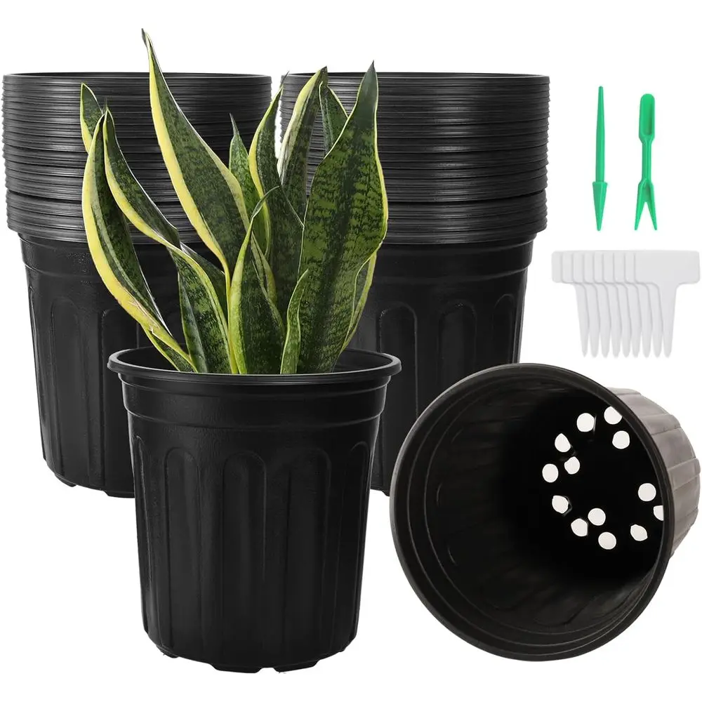 100 Pack 1 Gallon Durable Nursery Pots, Thickened Plastic with 100pcs Waterproof Tags and 2pc Mini Transplanting Tools (Black)
