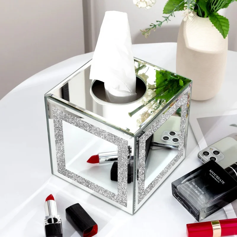 Luxury Square Glass Tissue Dispenser Mirror Tissue Box with Crushed Diamond Crystals