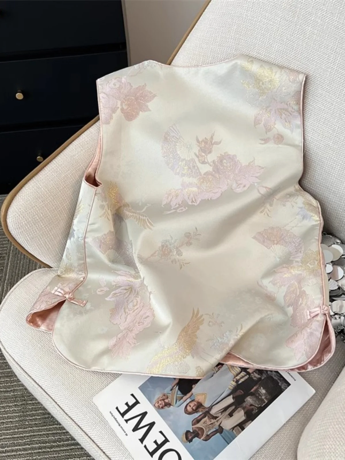 

Ele Pink Embroidered Satin Vest Women's Summer High-End National Sle Gown Button oulder Pad Outerwear Top