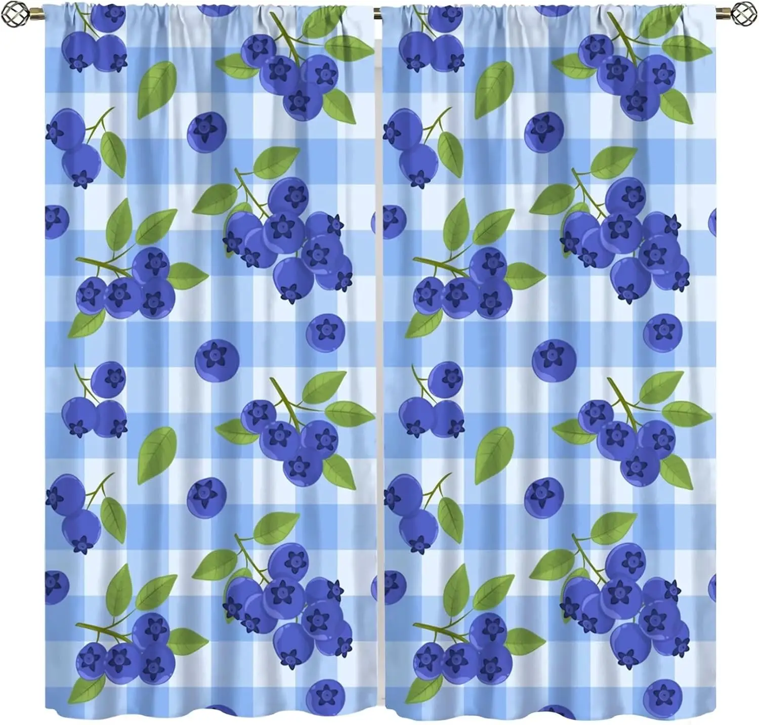 Blueberries Fruit Curtain, Fresh Ripe Fruits with Blue Striped Grid Background Art Style Printed Window Treatments for Bedroom