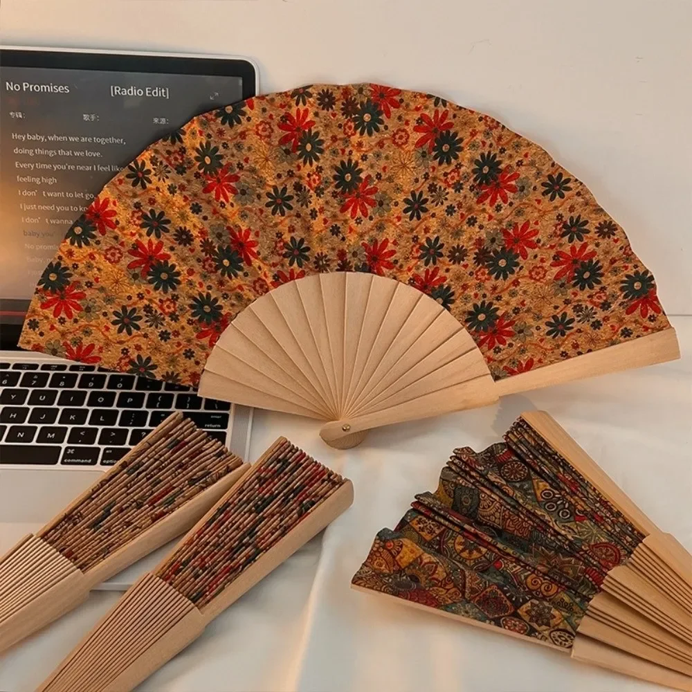 Vintage Bohemian Style Cork Folding Fan Props Graft Gift Hand Held Fan Home Decor Wooden Folding Fan