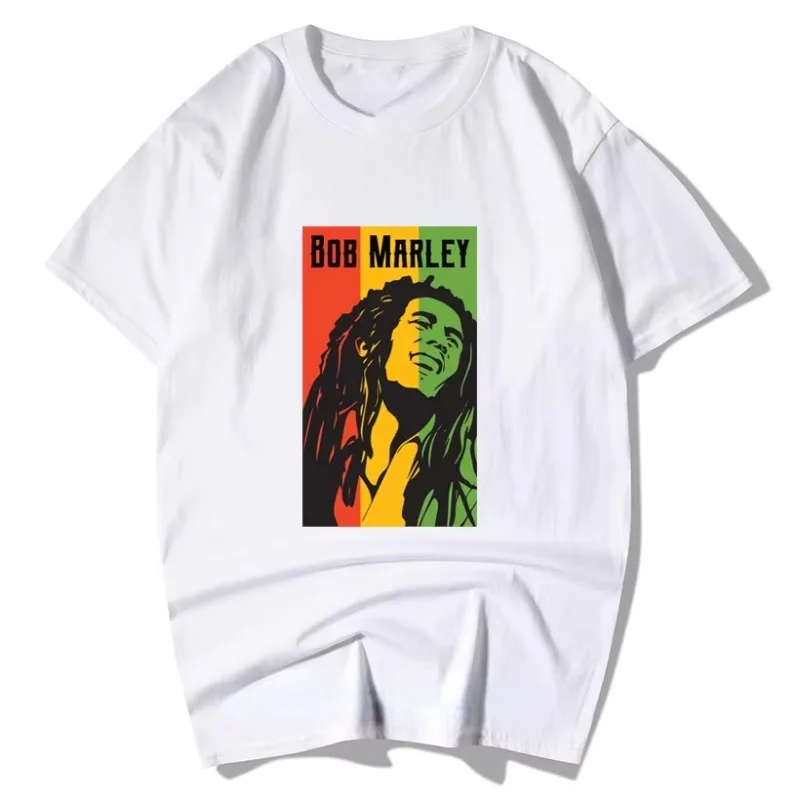 Bob Marley Reggae Portrait Print T-shirt Men Vintage Music Short Sleeve Trendy Pure Cotton Loose Casual Streetwear Top