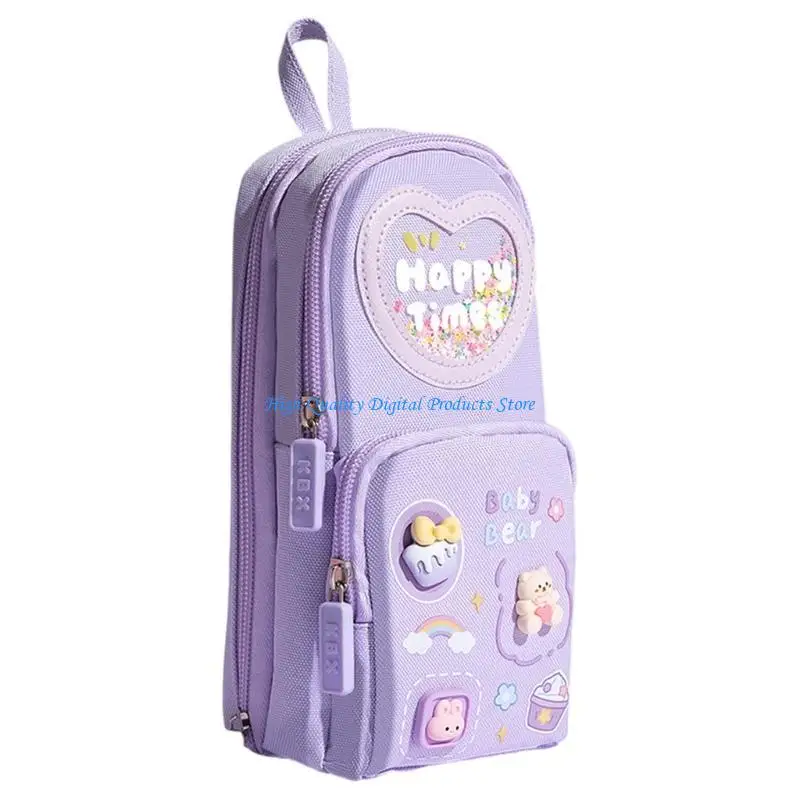 

U2JE Cartoon Pen Bag Three Layer Pen Pouches Big Capacity Stationeries Bag Standing up Pen Case Zippered Pen Bag for Student
