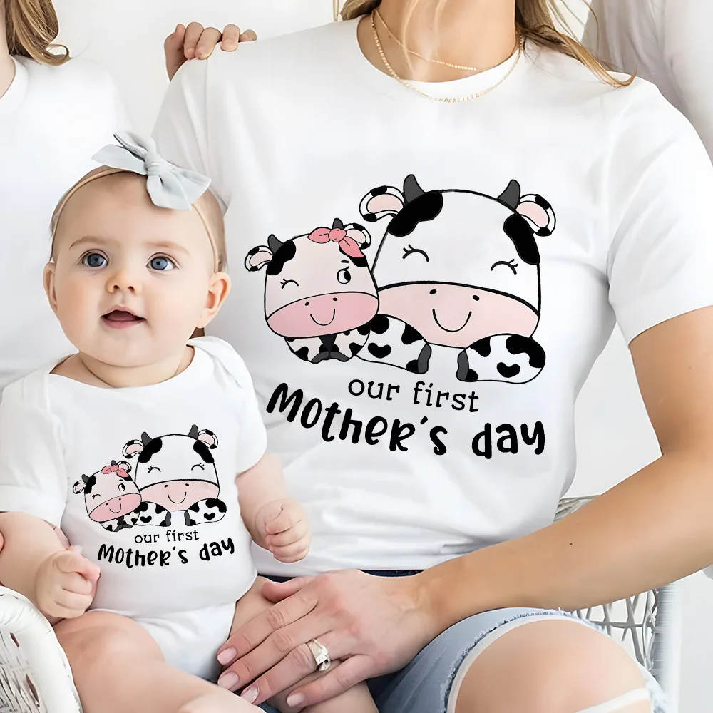 

Our 1st Mother's Day Together Family Outfits Mom T-shirt+baby Romper Animal Print Family Matching Outfit Mothers Day Best Gift