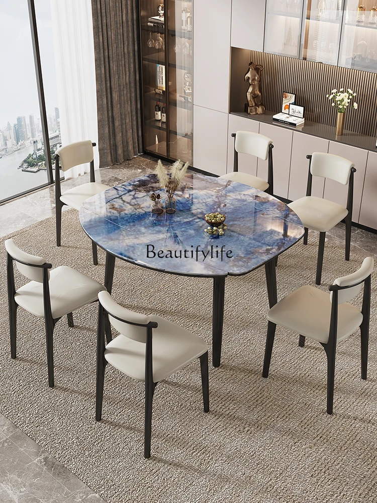 Retractable Household Marble Folding Light Luxury Super Crystal Stone Variable round Dining Tables and Chairs Set