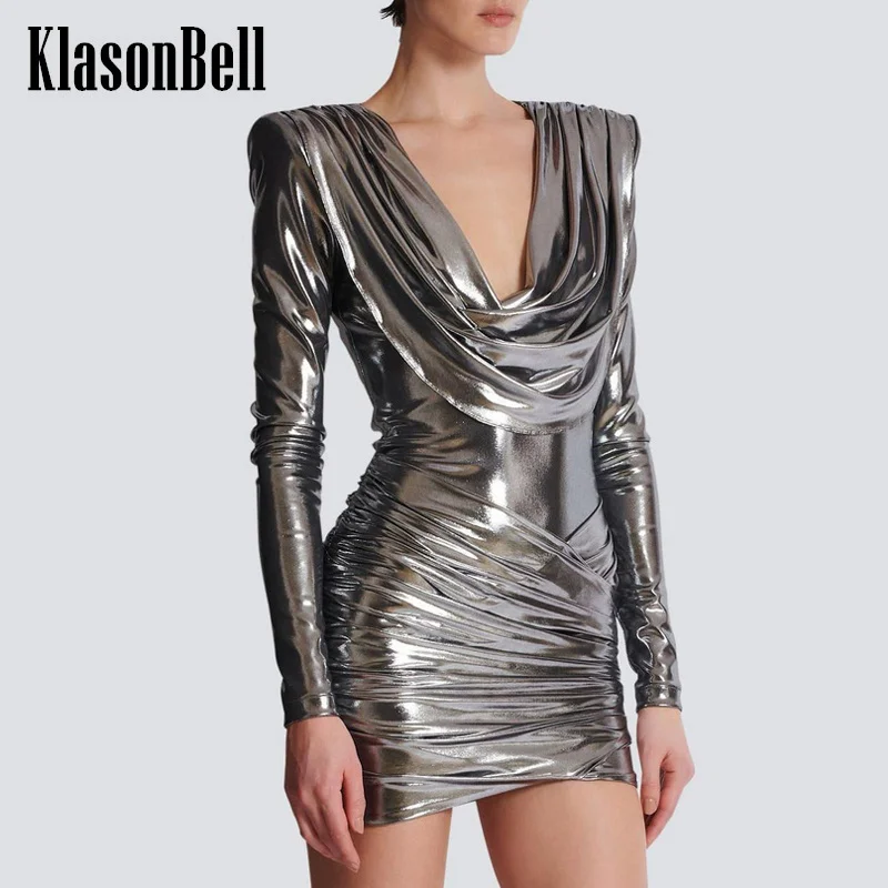 

6.20 KlasonBell Women Shoulder Pads Ruched Collar Slim Package Hip Party Dress Metallic Luster Long Sleeve Collect Waist Dress