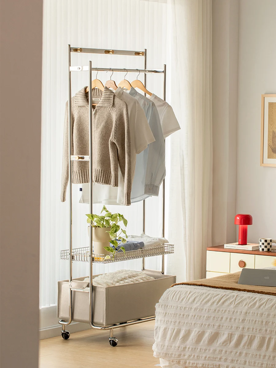 Mobile hanger Floor-to-ceiling bedroom household hanger Stainless steel storage coat rack Clothes hanger