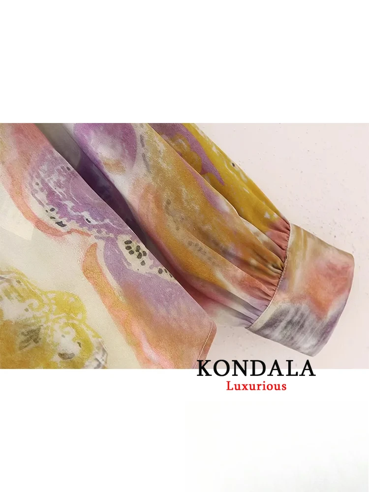 KONDALA بلوزة نسائية كلاسيكية مطبوعة غير رسمية بأكمام طويلة وياقة مقلوبة بلوزة فضفاضة واحدة الصدر موضة 2024 قمصان صيفية