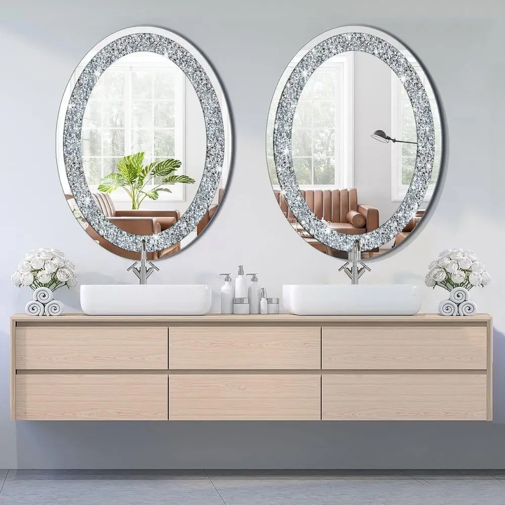 화려한 타원형 은색 거울, 24x32 인치, 프레임 없는 벽 장식, 반짝이는 유리, 세련된 홈 액센트