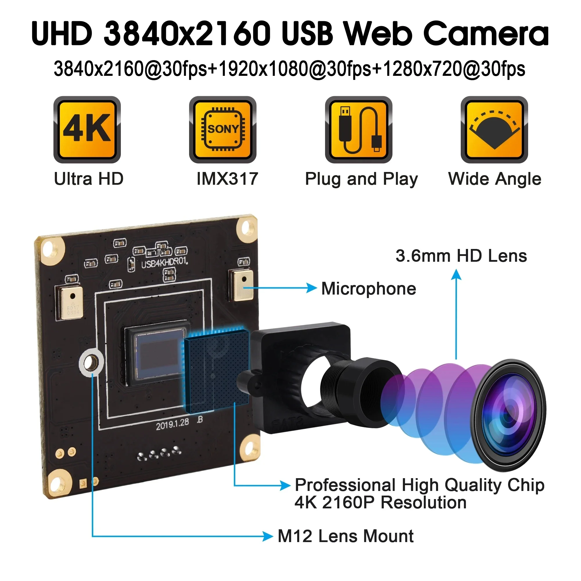 ELP 4K Ultra USB Camera Module CMOS IMX317 2160P 30fps USB Webcam With Microphone for Home Security , Industrial Machine Vision