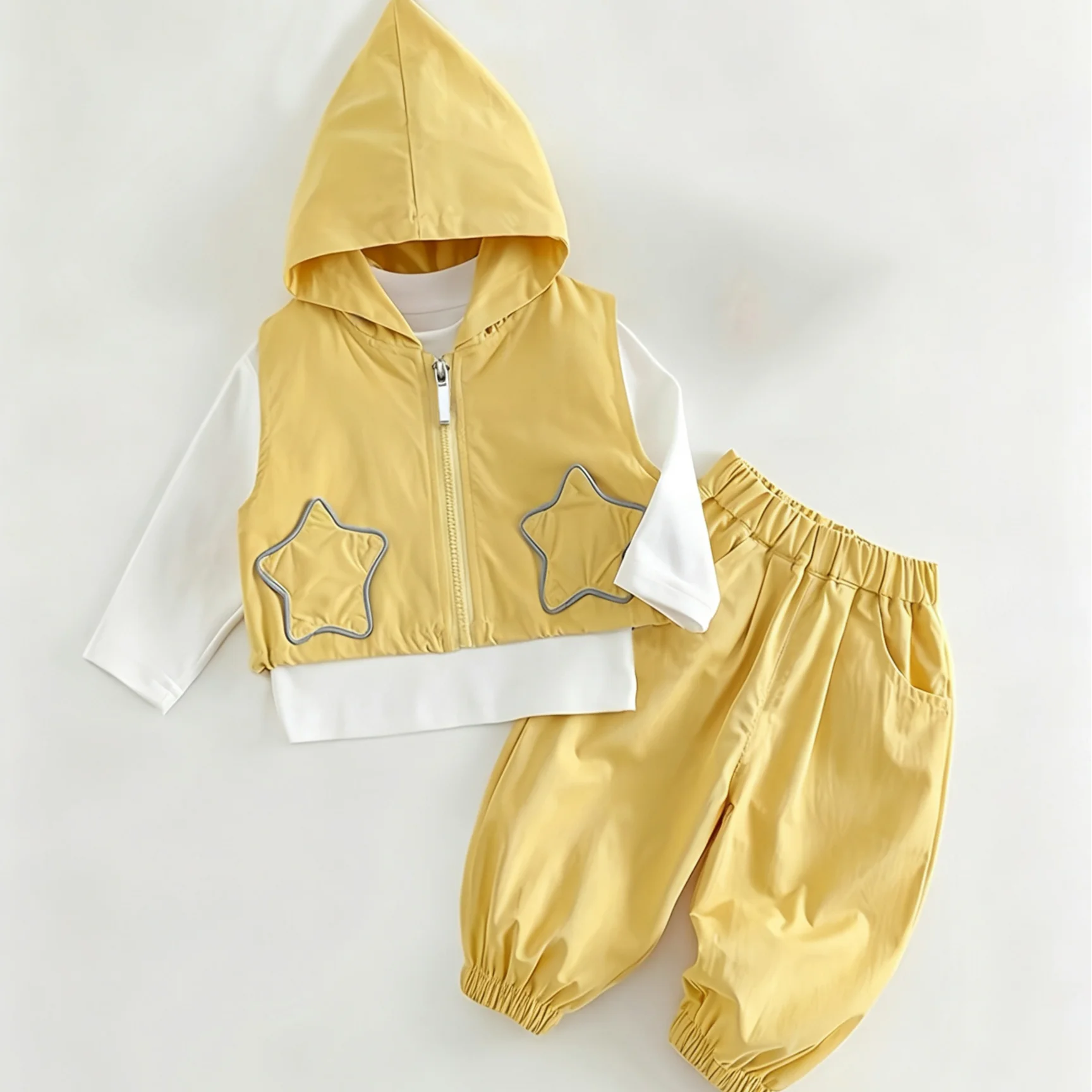 Spring Fall Infant Girl Clothes 3 Piece Set Hood Zip Vest Star Decor Pocket Long Sleeve Tee Jogging Pants Toddler Casual Outfit