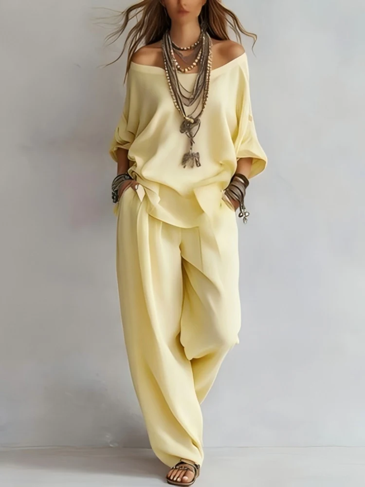 

Fashion Spring/Summer New Casual Set One Piece Collar Seven Sleeve Top+Wide Leg Pants Loose Two Piece Set