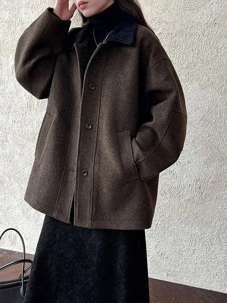 Tlxt elegante feminino lã trench lapela único breasted contraste cor emendado manga longa grosso quente jaquetas feminino inverno novo