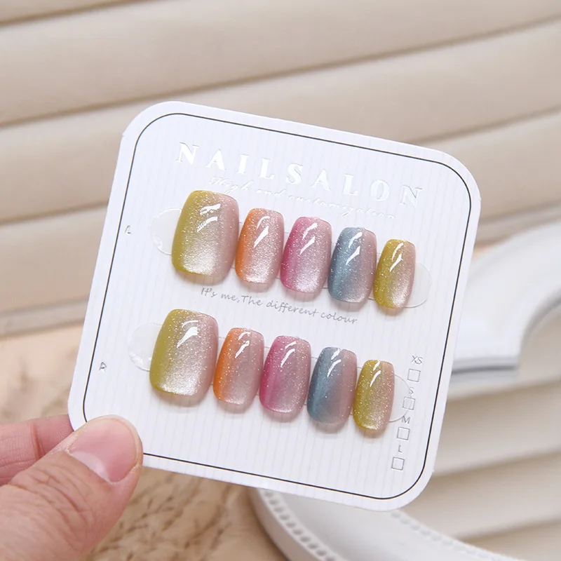 10Pcs Simple Sweet Short False Nails with Tools Colorful Gradient Cheap Press on Nails Self-nail Ready-made Artificial Nails