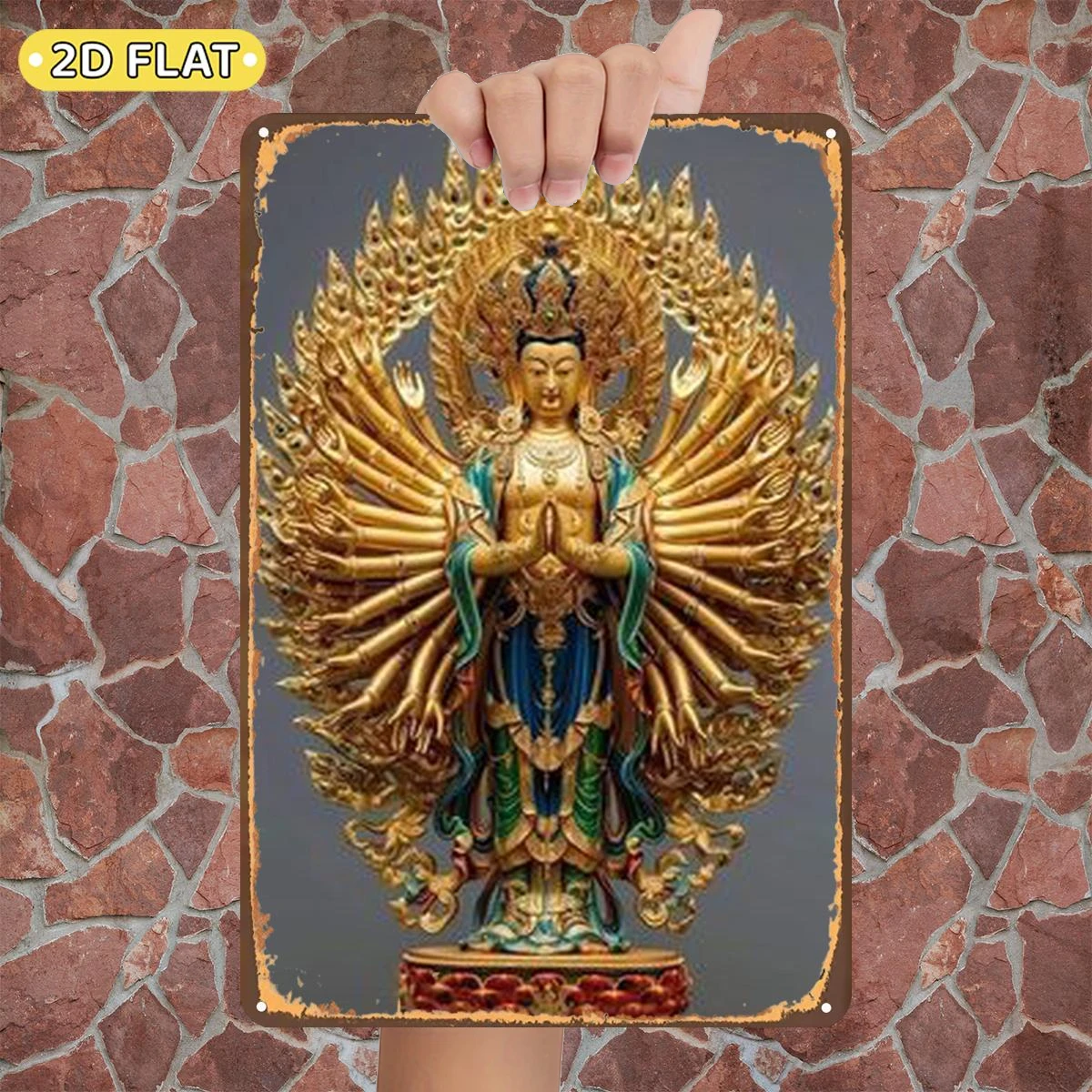 2D Flat 1pc,Golden Statue of Guanyin with Thousand Arms and Eyes,metal Lron Sign,size(8