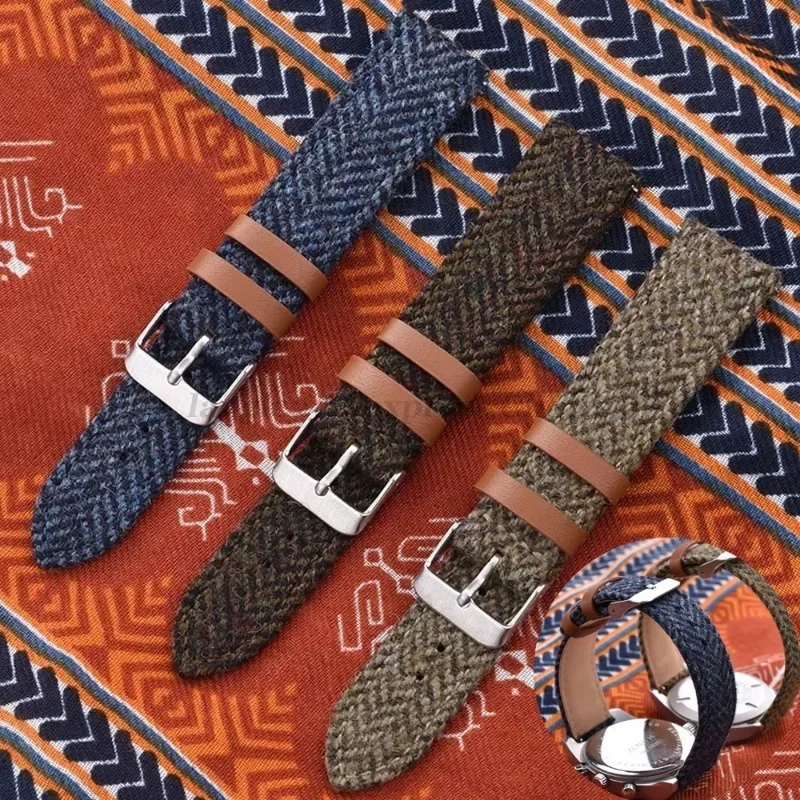 Genuine Leather Nylon WatchBand 18mm 20mm 22mm Vintage Tweed Canvas Bracelet Quick Release Strap Men Women Replacement Wristband