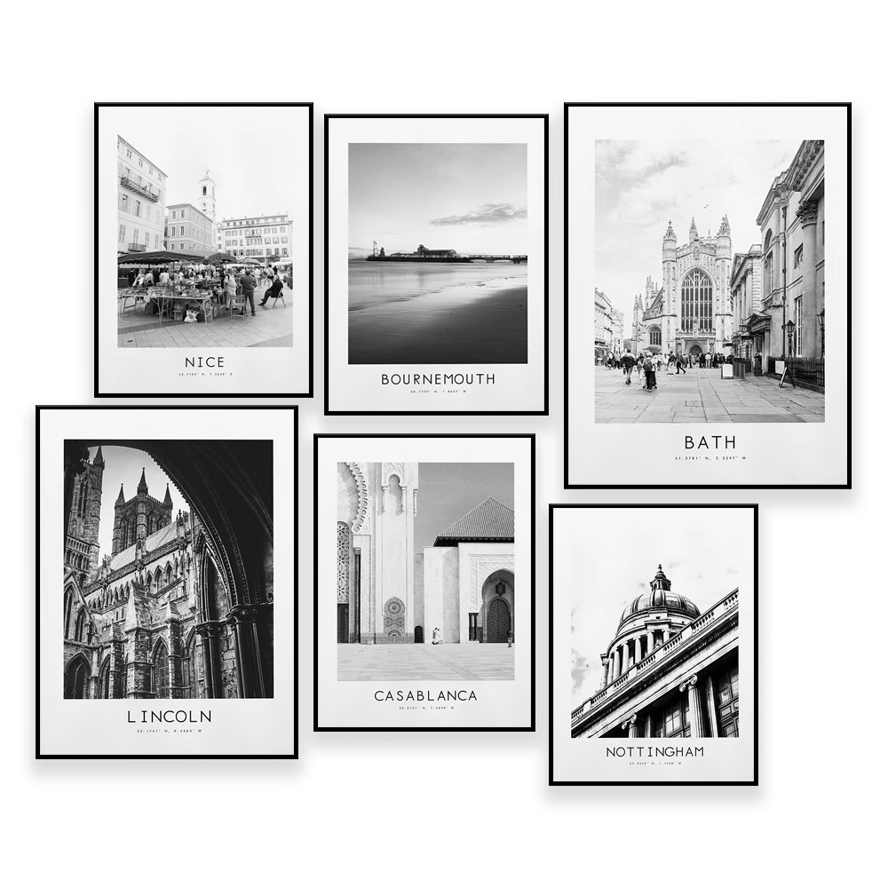 Nottingham,Nice,Lincoln,Kotor,Exeter,Essaouria,Chichester,Catania,Portsmouth Poster Print - Black and White Minimalist City Prin