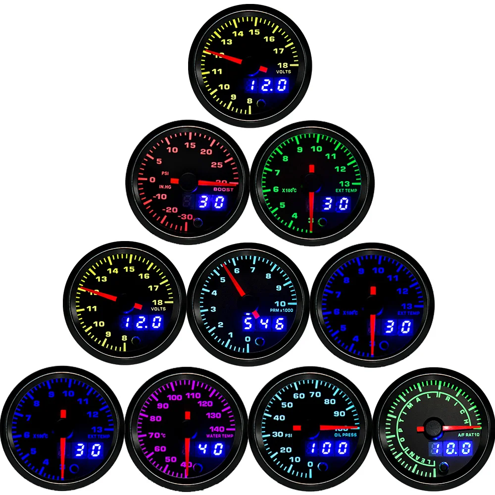 

* 52mm 7 Color Backlight Dual Display Oil Pressure/Boost/Water Temp/Oil Temp/Voltmeter/Air Fuel Ratio/ETG/Tachometer Car Gauge