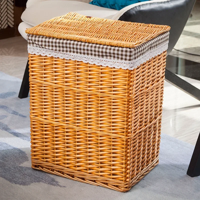 Cesta De Lavanderia Tecida Rattan Com Tampa, Grande Capacidade, Cesta De Roupas De Videira, Armazenamento Simples