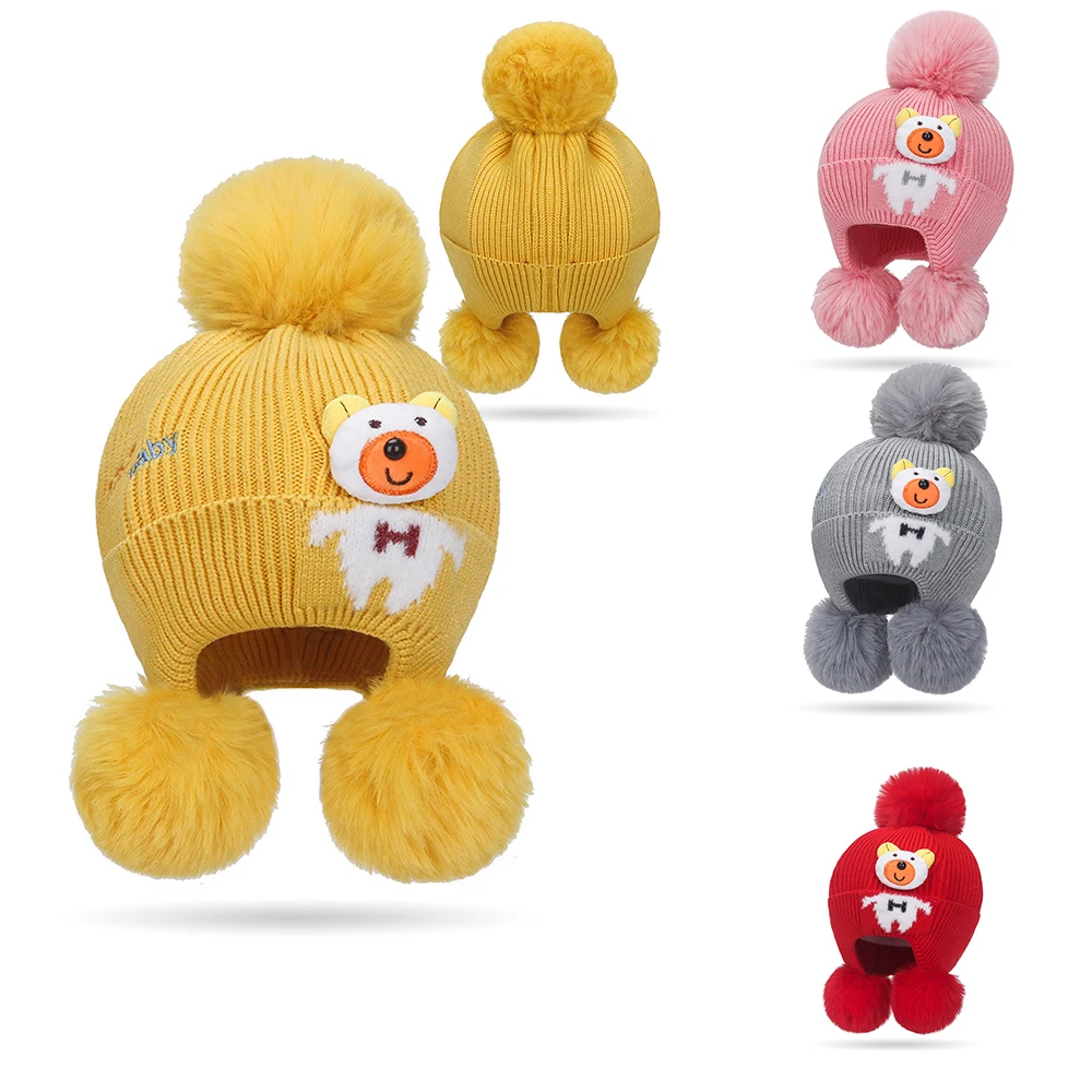 Warm Knitted Cap Toddlers Hat Cartoon Bear Cute Hats Winter Warmth Windproof Kids Crochet Hats Baby Autumn Beanie Cap Accessorie