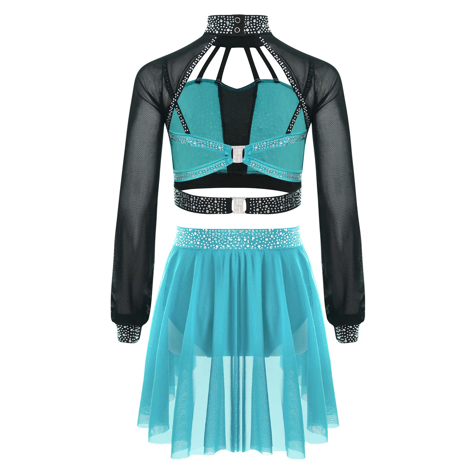 ชุดเต้นรำสำหรับเด็กผู้หญิง ชุดยิมนาสติกลีลา ชุดสเก็ตลีลา ชุดบัลเลต์ ประดับคริสตัล เสื้อครอป+กระโปรง ชุดเต้นรำสไตล์โมเดิร์นสำหรับวัยรุ่น