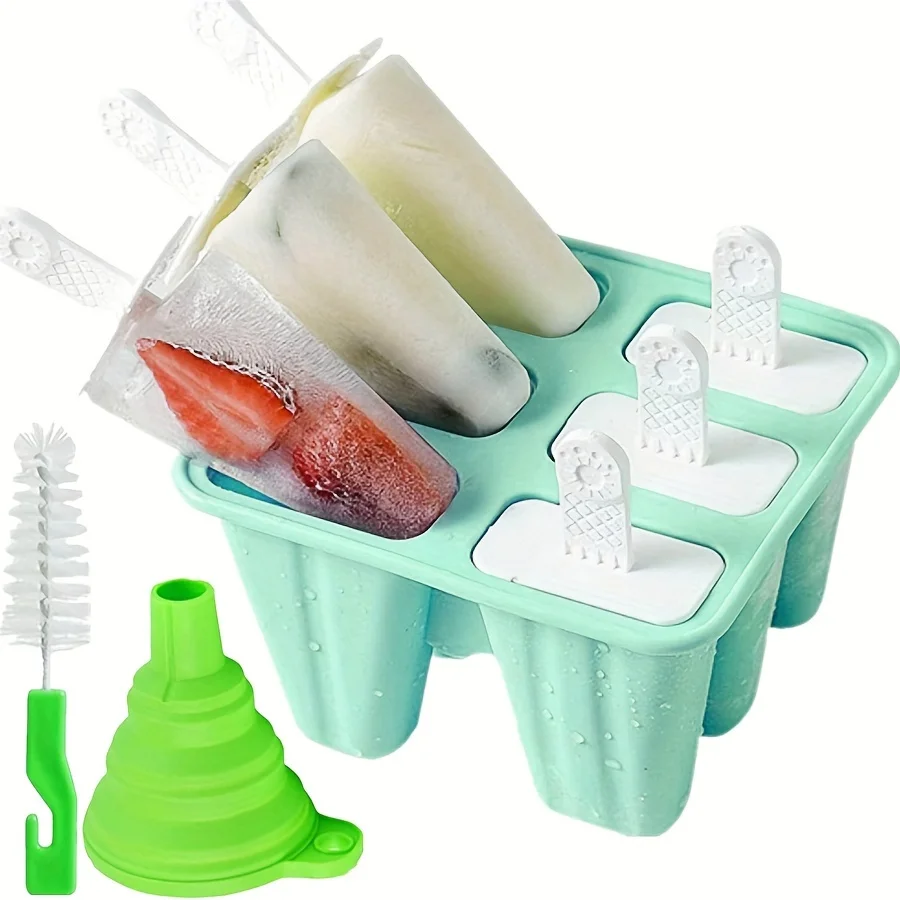 

3-Piece Silicone Popsicle Mold Set With Funnel & Brush - Bpa-Free, Reusable Ice Maker For Summer Treats (6 Cavities)