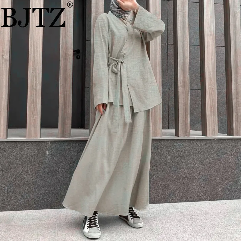 

BJTZ 2025 Summer New Loose Skirt Two Piece For Women Vintage Casual Lace-up Waist Female Sets